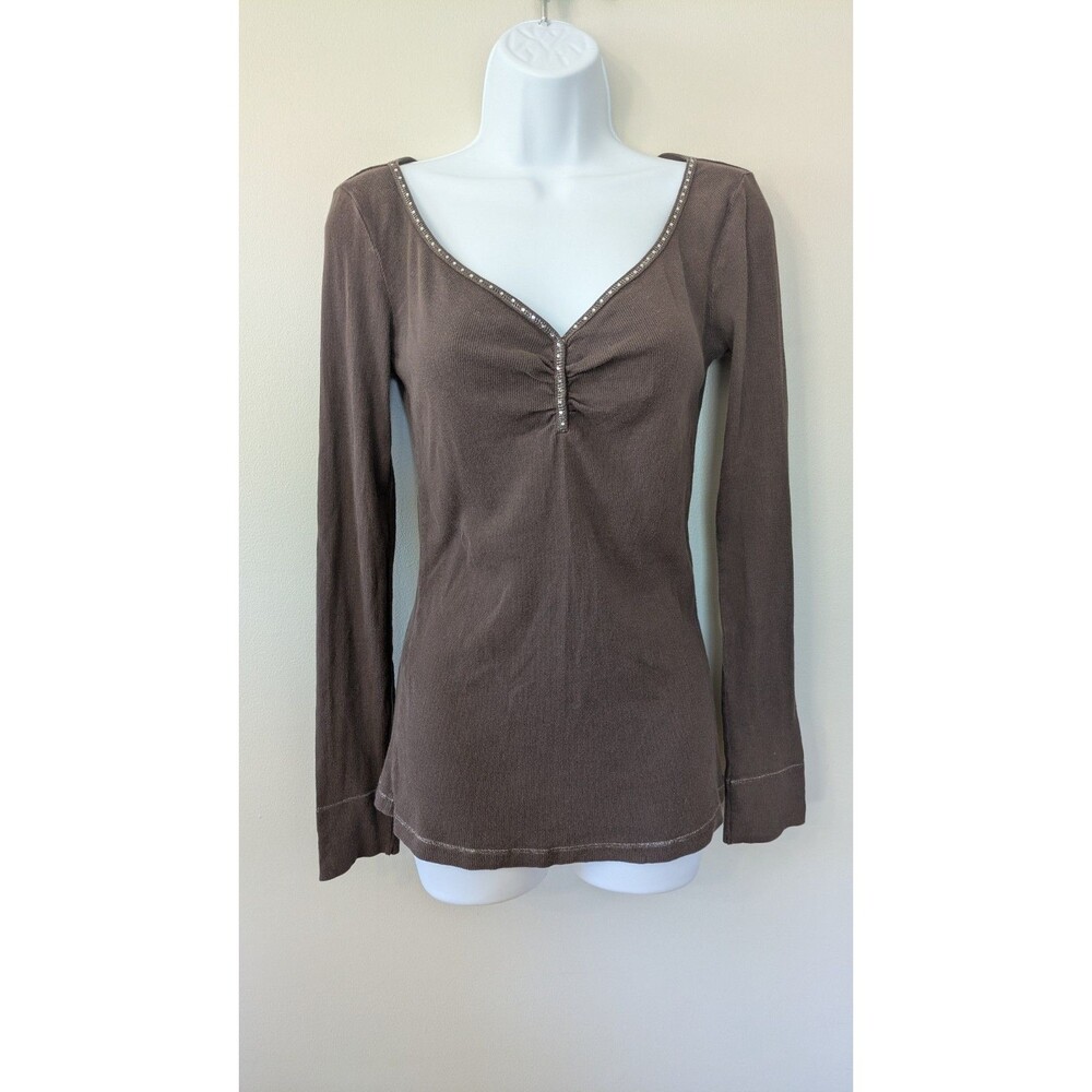 Vintage Y2K Express Womens Henley Top Large Brown Ribbed Long Preppy Rhinestone